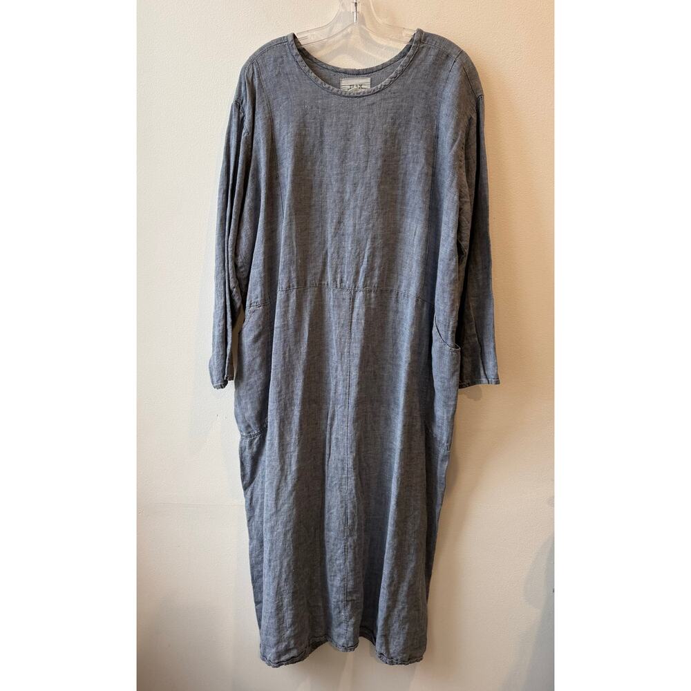 Flax by Jeanne Engelhart Dress Blue Linen Maxi Long Sleeve Boho Minimalist XXL